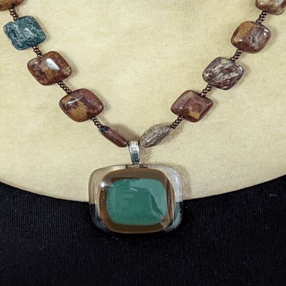 Natural tones art glass square pendant beaded cord 18" - Picture 3 of 3